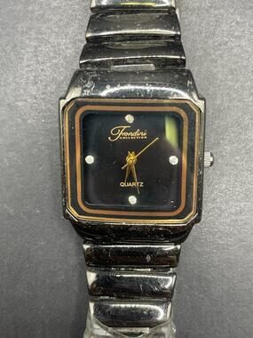 Fondini Black Gunmetal Tone Gold Rhinestone Dial Stainless Back 29mm NOS